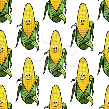 Seamless background pattern of colorful yellow cartoon corn on the cob with a happy smiling face in a repeat motif in square format, vector illustration isolated on white
