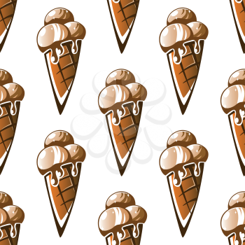Seamless pattern of a chocolate ice cream cone with three scoops of delicious dripping ice cream in a repeat motif in square format for wallpaper, wrapping paper or fabric design