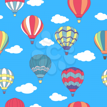 Seamless pattern of flying hot air balloons with different patterns on their envelopes in a blue sky with fluffy white clouds in square format, vector illustration