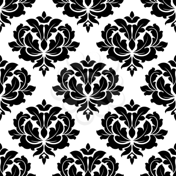 Black and white arabesque seamless pattern with a big bold foliate motif in square format suitable for wallpaper or damask style fabric design
