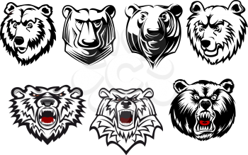 Black and white vector bear heads with different head shapes and expressions, with three snarling ferociously with red tongues. For mascot or hunting design