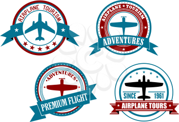 Airplane tours and adventures badges, logos or labels isolated on white background. For aviation and travel design