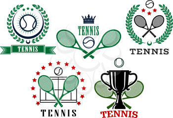 Assorted tennis tournament symbols with ball, crossed rackets, laurel wreath, crown and cup isolated on white background