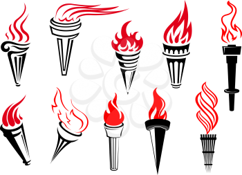 Vintage flaming torches set isolated on white background for peace, success, sports and power concept design