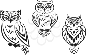Black and white owl bird tatoos in silhouetted style isolated on white background