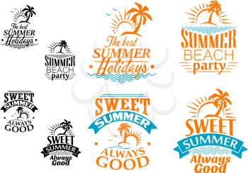 Summer vacation labels or banners with beach, ocean waves, palms, sun and text