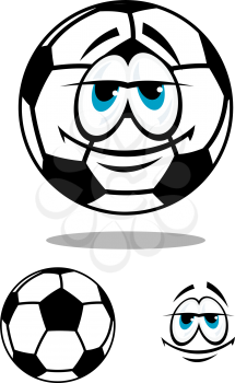 Black and white happy cartoon soccer ball character with big eyes for sports or comics design