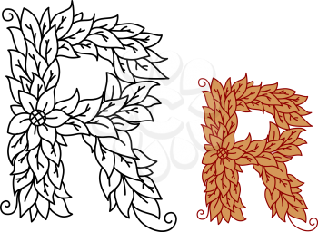Floral and foliate font uppercase letter R with flowers and leaves for organic, eco or bio concepts in two color variants, vector illustration on white