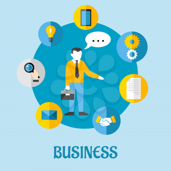 Business flat concept design with blue, white and yellow icons of bulb, tablet, gears, paper, handshake, letter, businessman and magnifying glass