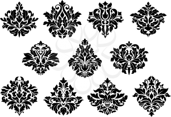 Damask floral design elements set with black flowers isolated on white background