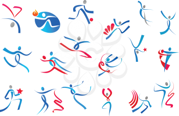 Sportive and dancing people icons in blue and red ribbons isolated on white background for sports or dance logo design