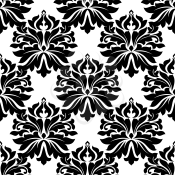 Black classic damask floral seamless pattern with dainty flowers on white background
