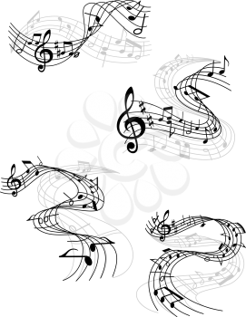 Music notes with clefs on swirling staffs or staves, abstract design