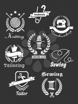 White handicraft icons, emblems, badges with symbols for tailoring, sewing, knitting, needlework and embroidery