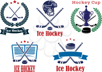 Ice Hockey sporting heraldic emblems and symbols with crossed sticks, helmet, trophu, wreath and hockey puck