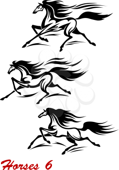 Fast galloping horses and mustangs in vector with flying manes and tails for equestrian sports design