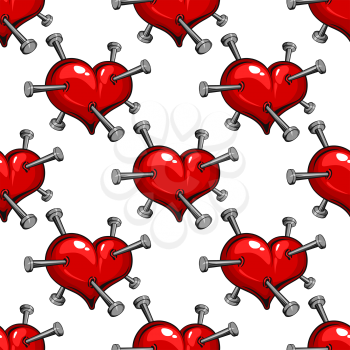 Seamless pattern of a nail studded red heart symbolic of the pain of love or ill health