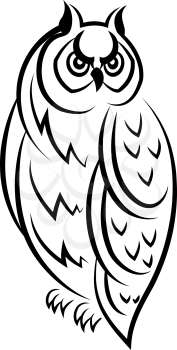 Vector black and white sketch of an owl bird perched looking to the side