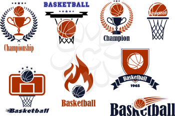 Basketball game emblems and banners set with ball, basket, wreath, ribbon,trophy and fire design elements
