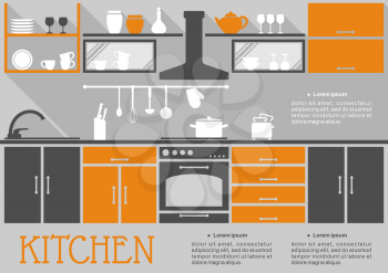 Flat kitchen interior design of a fitted kitchen with cabinets appliances and kitchenware on open shelves in grey and orange