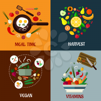 Colorful flat food poster designs with fresh vegetables and ingredients depicting meal time, harvest, vegan diet and vitamins and nutrition, vector illustration