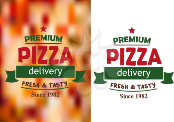 Two Pizza signs or labels for a pizzeria design with red and green text and a banner Premium Pizza Fresh and Tasty over a white or mottled background