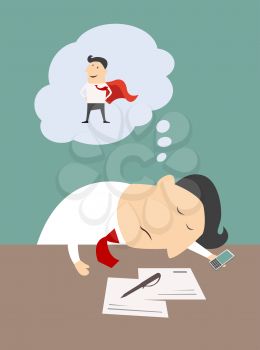 Exhausted businessman asleep at his desk in the office dreaming of being a super hero, vector cartoon illustration
