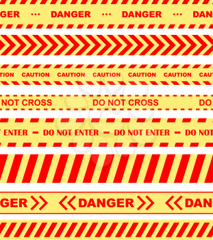 Set of colored warning, danger and chevron ribbons or tape restricting entry in orange and yellow