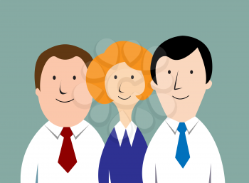 Cartoon business team with a blond woman flanked by two men, flat vector illustration