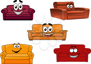 Colorful cartoon sofas, settees or couches characters for interior decor design elements with happy faces, vector illustration