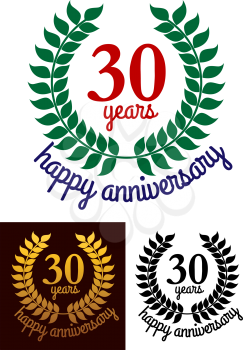 30 Years Happy Anniversary wreath designs or badges with the 30 Years inside a circular wreath and Happy Anniversary below