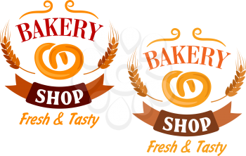 Bakery Shop vector sign showing a pretzel and ears of golden wheat with the text Bakery Shop, Fresh and Tasty, vector illustration