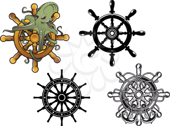 Vintage ships steering wheels with octopus and anchors, vector illustration