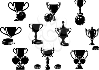 Black and white silhouette sports trophies for bowling with a bowling, ice hockey with a puck and tables tennis with crossed bats, vector illustration