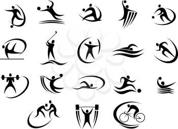 Black silhouette stylized athletes engaged in a variety of sports, vector icons on white