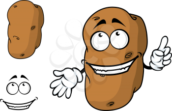 Happy goofy cartoon potato character with a big smile pointing a finger in the air and a second plain variant, vector illustration