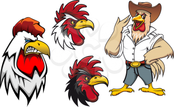 Cartoon roosters or cocks charcters for mascot ot agriculture design, vector illustration