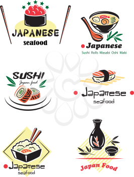 Japanese seafood set with red caviar, sushi, rolls, sake, nigiri, fish, rice, soup, chopsticks for restaurant menu design