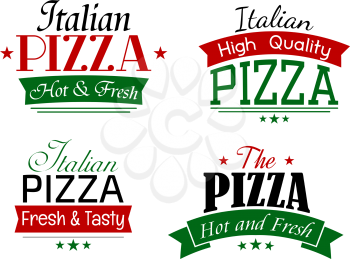 Various simple italian pizza labels set with text Hot and Fresh, High Quality, Fresh and Tasty