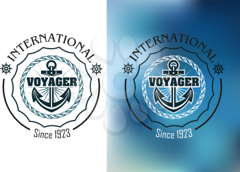 International voyager marine heraldic banner with ship anchor, steering wheel and round rope frame
