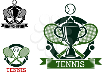 Black and green tennis tournament emblems with crossed rackets, balls and sport trophy