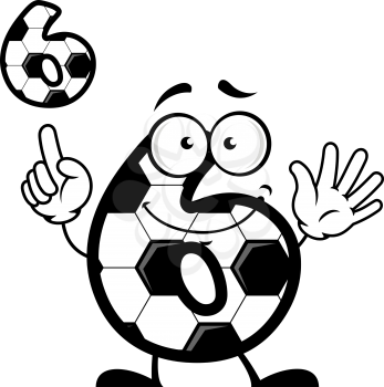 Close up number six with soccer ball skin and smiling face in cartoon style isolated on white background