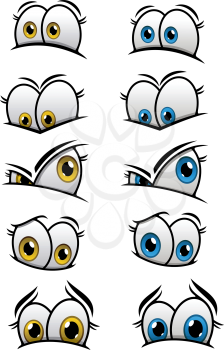 Cartooned eyes with blue and yellow iris and different emotions for characters or comics design