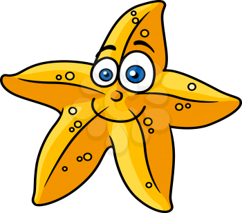 Close up cartooned yellow star fish with smiling face for sealife or travel concept design