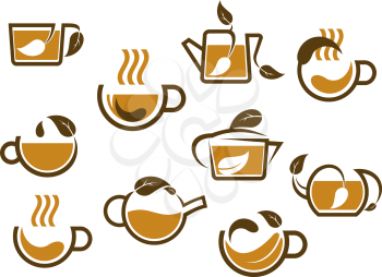 Brown herbal tea cups and pots icons isolated on white for cafe, restaurant and beverage logo design
