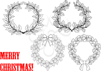 Christmas outline holly round wreaths set for holiday design with leaves, berry, wreaths and ribbons