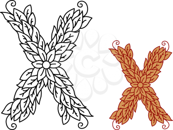 Uppercase letter X in a foliate font with leaves and flower, vector illustration