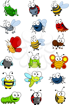 Cartooned insects set with bee, wasp, hornet, caterpilllar, grashopper, ladybug, fly, worm, butterfly, dragonfly, ant, spider and bug