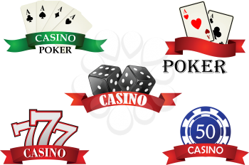 Casino and gambling emblems or symbols with poker cards, lucky signs, casino chips and dice