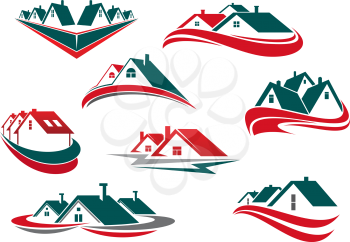 Real estate and house icons or symbols for business or construction logo design with green, red roofs and waves